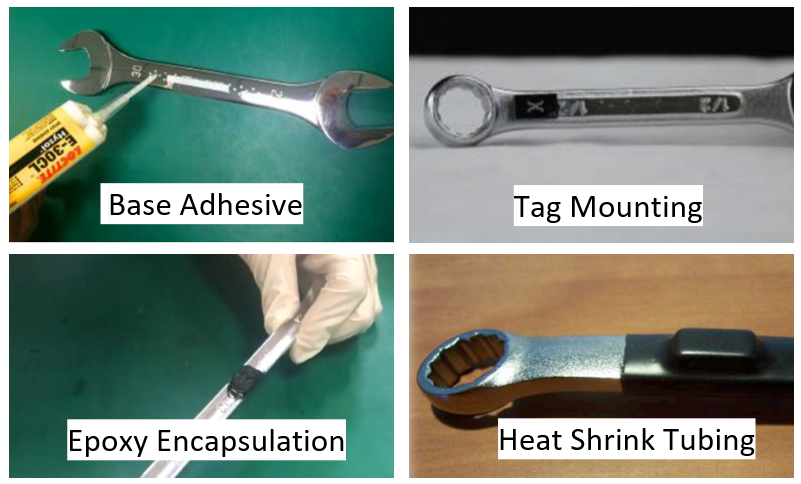 A tag is attached to the tool with base adhesive. After the tag is mounted an epoxy encapsulation will be made. Last heat shrink tubing will be installed.