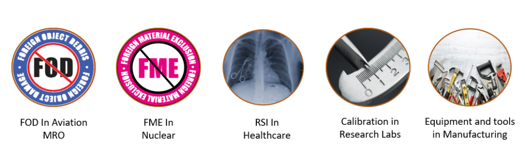 Different industries where accurate tool management is critical: FOD in Aviation, FME in Nuclear, RSI in Healthcare, Calibration in Research Labs and Equipment and tools in Manufacturing.