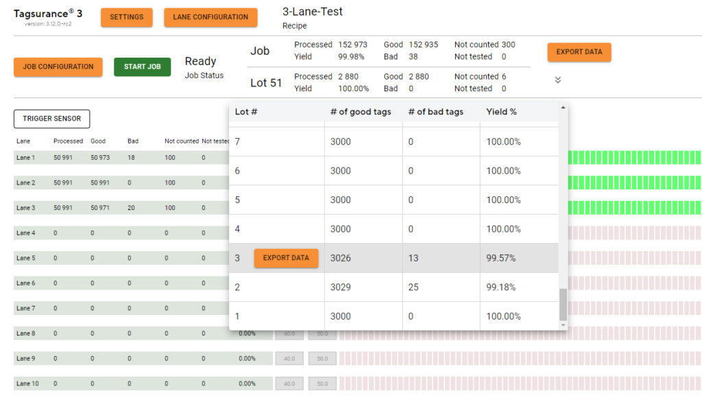 Screenshot from Tagsurance 3. The completed lists can be exported with counts and yields.