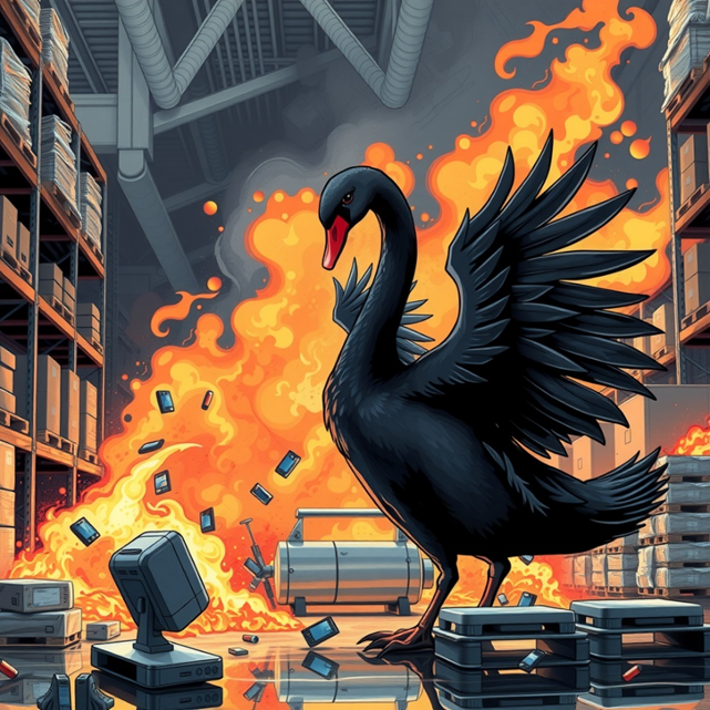 Black swan destroying RFID technology, represented by a warehouse.