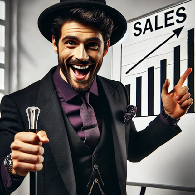 An exited fellow with wristwatches on both hands pointing happily at skyrocketing sales numbers.